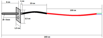 Рис.1. Схема габаритных размеров PT-1000 датчика температуры